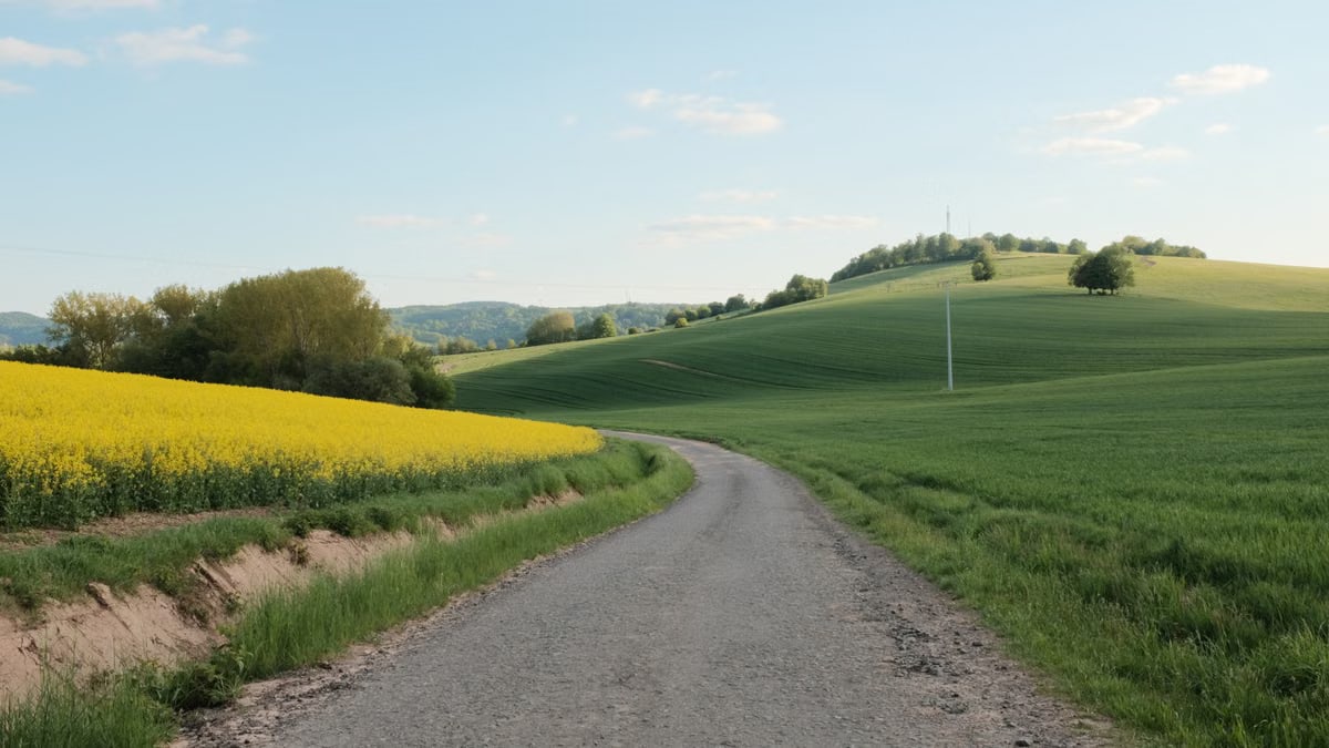 A peaceful country road winds through lush green hills and vibrant yellow fields under a clear blue sky.